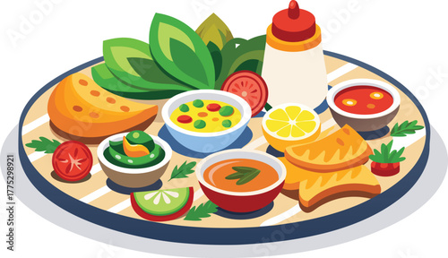 Modern international cuisine platter with decorative garnishes and sauces.