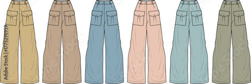Diverse collection of flat vector sketch illustrations featuring trendy wide-leg cargo pants in various pastel and earthy color concepts, ideal for fashion design and apparel merchandising