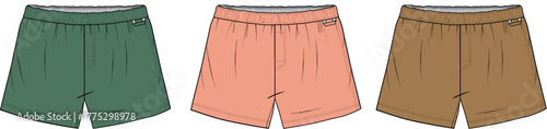 Vector fashion design flat sketch template of men's shorts in three different colorways. Technical drawing of casual menswear apparel isolated on a white background