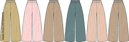 Collection of Various Color Wide Leg Pants Fashion Design, Apparel, Clothing and Style concept