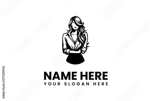 Monochrome logo design of a confident businesswoman with crossed arms, a stylish vector illustration for company branding. 11