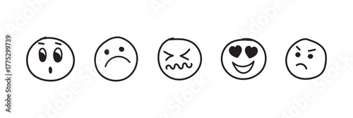 Emoji face Doodle sketch style icon set. face emotions set in doodle scribble pencil marker style hand drawn. Simple Doodle Expression Icons. Sketch style.