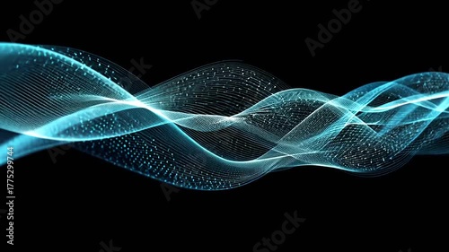 Glowing blue digital waves with scattered bright dots against black