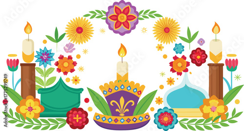 Persian Nowruz border with Haft-seen elements, flowers, and candles, realistic style vector.