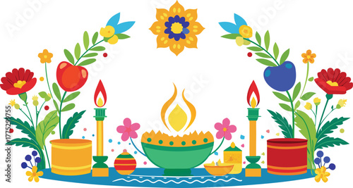 Persian Nowruz border with Haft-seen elements, flowers, and candles, realistic style.