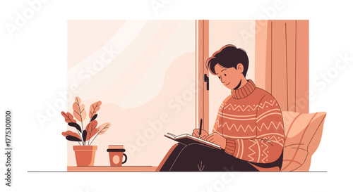 Illustration Of A Person Writing By The Window, Surrounded By Comfort And Warmth