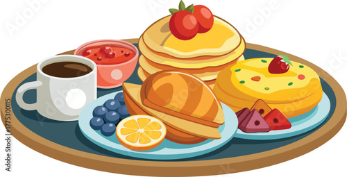 Realistic international breakfast platter with pancakes, croissants, dumplings, and fruits.