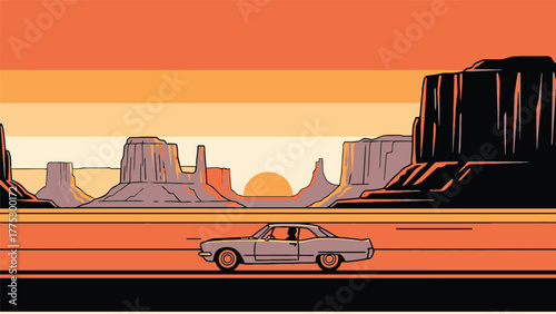 Classic Car Road Trip at Sunset in Monument Valley