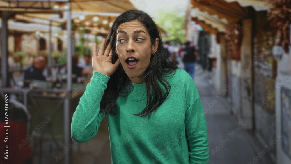 Fototapeta premium Woman holding hand cupped to ear on street by outdoor restaurant terrace, leaning forward with open mouth listening expression; curiosity listening.