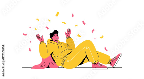 Joyful Person Celebrating Success with Confetti in Vibrant Flat Illustration