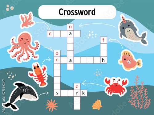 Ocean Animals Crossword Puzzle for Kids. Developmental tasks for children