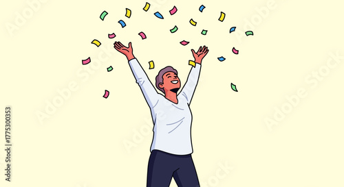 Joyful Person Dancing Under Colorful Confetti Shower Celebrating A Special Moment