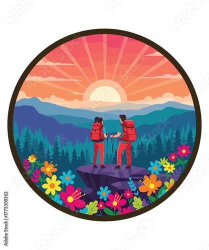 Couple Hiker Summit Mountain Peak Line Art