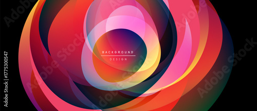 Abstract colorful layers create dynamic circular design. Vibrant gradients blend, forming modern background element. Smooth transitions, visually appealing.