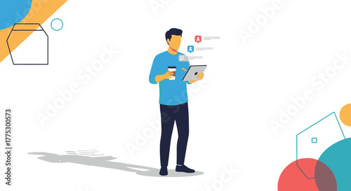 Modern Illustration Depicting Tech-Savvy Individual Utilizing Tablet and Coffee in White Backdrop