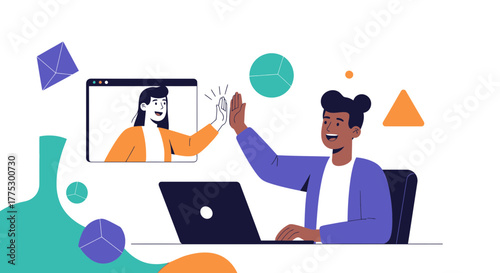 Online Collaboration: High Five Between Colleagues Working Remotely on a Laptop