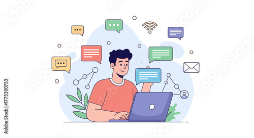 Online Communication And Digital Interactions Illustrated With A Young Man And A Laptop