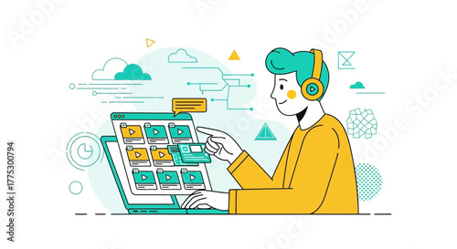 Online Content Manager Working on a Laptop, Focused and Concentrated on Editing Videos