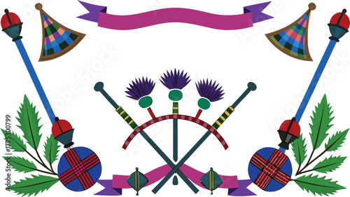 Scottish Highland festival border with tartan ribbons, bagpipes, and thistle flowers vector.