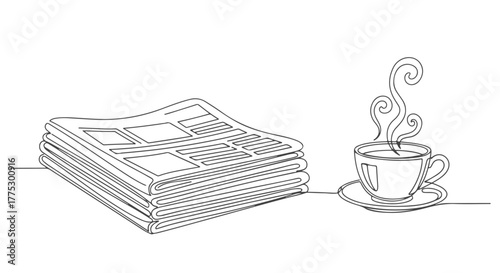 One line continuous drawing of coffee cup and newspaper, ideal for morning reading