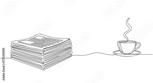 One Continuous Line Drawing Newspaper Stack and Steaming Cup of Coffee