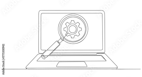 One line continuous drawing of a laptop with magnifying glass, search gear icon - c