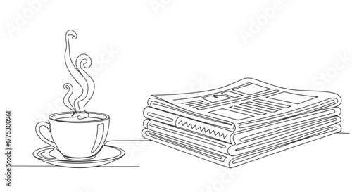 One line continuous drawing of a steaming hot cup of coffee beside a stack of newspapers, a classic morning concept