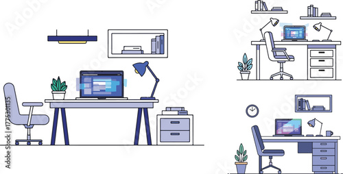 Two modern home office setups with desks computers and minimalist decor elements