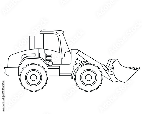 Black and white lineart of wheel loader construction vehicle, perfect for kids coloring book, education, and engineering drawing projects.