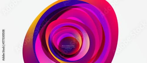 Abstract vibrant design features concentric circles. Colors shift from purple, pink, magenta creating dynamic visual effect. Modern background element.