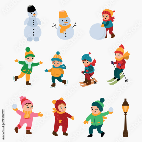 Cartoon Kids Playing in the Snow Illustration. Children skiing, sledding, playing snowballs, building snowmen