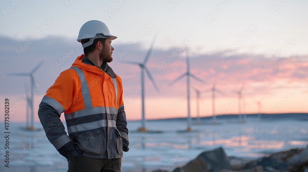 Obraz premium Silhouette of industrial worker standing near glowing wind turbines at dusk with frozen ground reflecting pink sunset light — emotional image representing renewable power generation, human