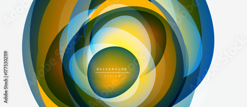 Abstract colorful layers create dynamic circular design. Bright hues blend, forming modern background element. Smooth gradients suggest movement.