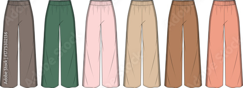 Set of seven pairs of women's wide-leg pants in various muted color options, presented in a flat lay illustration