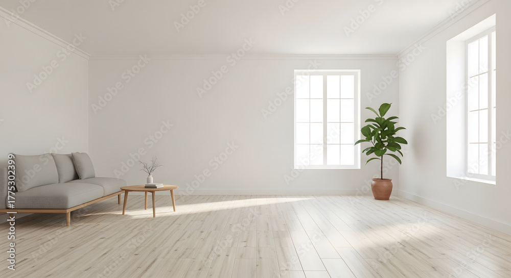 Obraz premium Minimalist interior with sofa plant windows and wooden floor modern design
