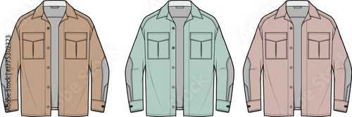 Men's long-sleeve utility shirt with elbow patches and flap pockets technical flat sketch. Fashion apparel vector template set in three color variations for design mockups