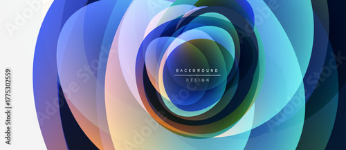 Abstract swirling layers create vibrant circular design. Colors blend, forming dynamic visual effect. Text reads background design.