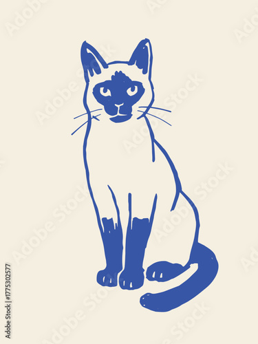 Siamese cat sitting, naive sketch vector illustration