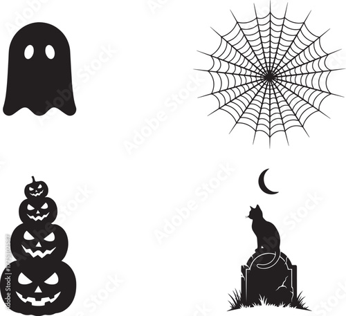 Halloween Icon Set Silhouettes – Ghost, Spider Web, Pumpkins, and Cat on Tombstone for Spooky Decorative Design