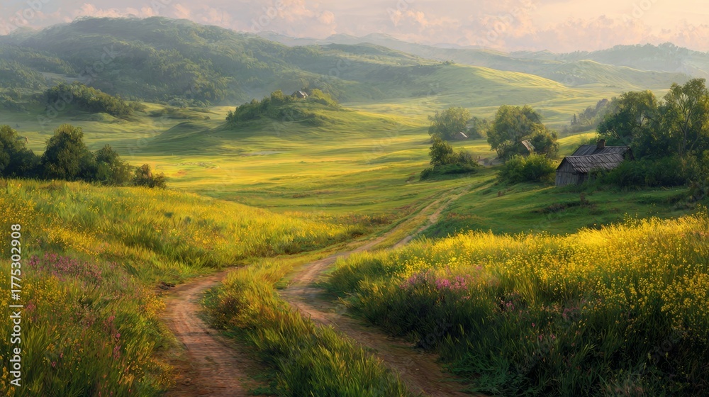 Obraz premium Peaceful countryside landscape with winding dirt road through green hills, sunny rural valley view, serene summer nature scenery