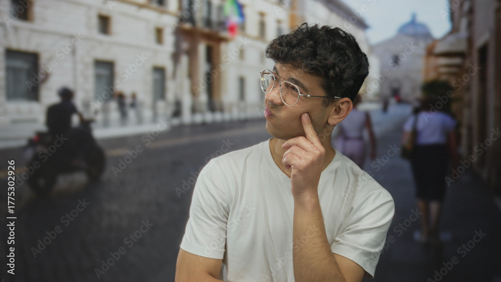 Fototapeta premium Young hispanic man wearing glasses hand on chin thinking on sunlit cobblestone street in historic city center; curiosity.