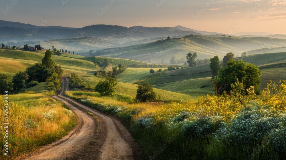 Obraz premium Scenic countryside landscape with winding dirt road and rolling green hills at sunrise, peaceful rural morning view, nature travel background 