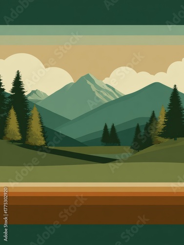 Retro landscape illustration with green mountains and pine trees, vintage outdoor nature art, minimalist travel and adventure design
