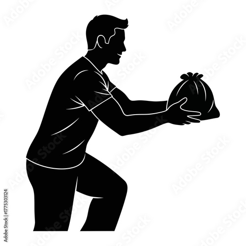 A Compassionate Black Vector Silhouette of a Male Volunteer Handing a Donated Item