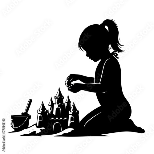 A Playful Silhouette of a Female Child Building a Sandcastle