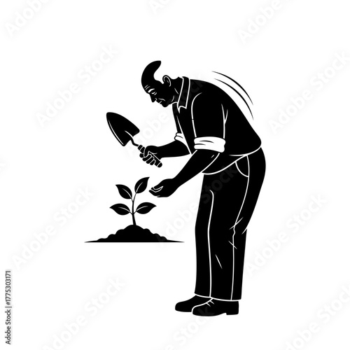 A Tranquil Silhouette of a Senior Man Gardening with a Trowel