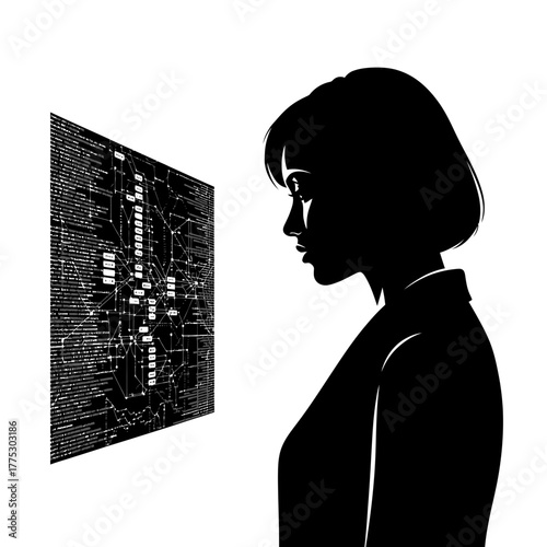 An Analytical Silhouette of a Female Data Scientist at a Large Screen