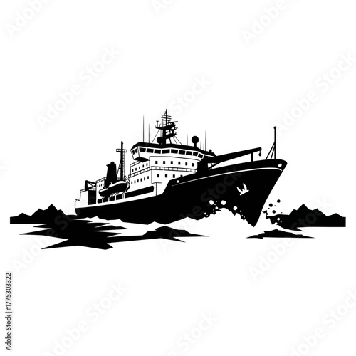 Robust Industrial Silhouette of an Ice-Breaker Ship Cutting Through Arctic Floes