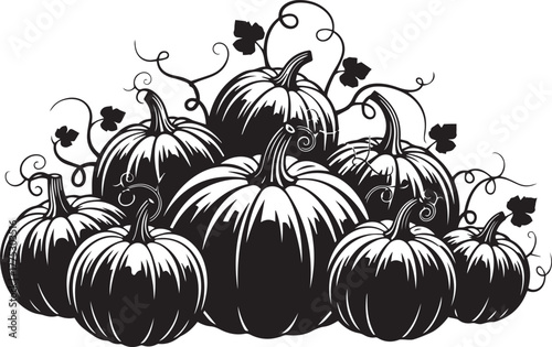 Pumpkin Cluster Silhouette with Vines – Autumn Harvest and Halloween Icon for Seasonal Design