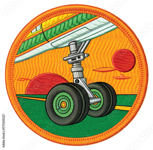 Vibrant aviation patch featuring a landing gear and an abstract sunset, perfect for travel enthusiasts and airline promotions, capturing the spirit of adventure